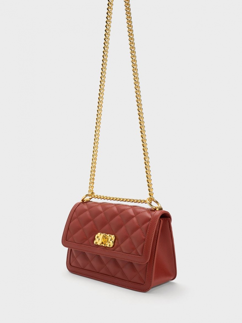 τσάντεσ ώμου Charles And Keith Micaela Καπιτονέ Chain σκούρο κοκκινα | 08731-YBTN