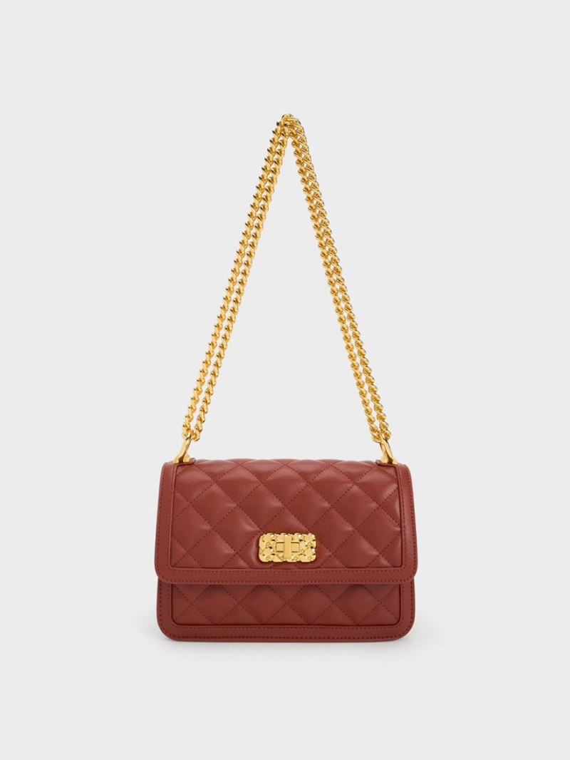 τσάντεσ ώμου Charles And Keith Micaela Καπιτονέ Chain σκούρο κοκκινα | 08731-YBTN