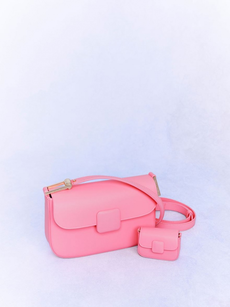 μίνι τσάντες Charles And Keith Micro Koa Square Push-Lock ροζ | 98735-BSDV