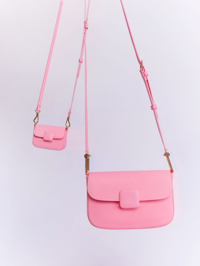 μίνι τσάντες Charles And Keith Micro Koa Square Push-Lock ροζ | 98735-BSDV