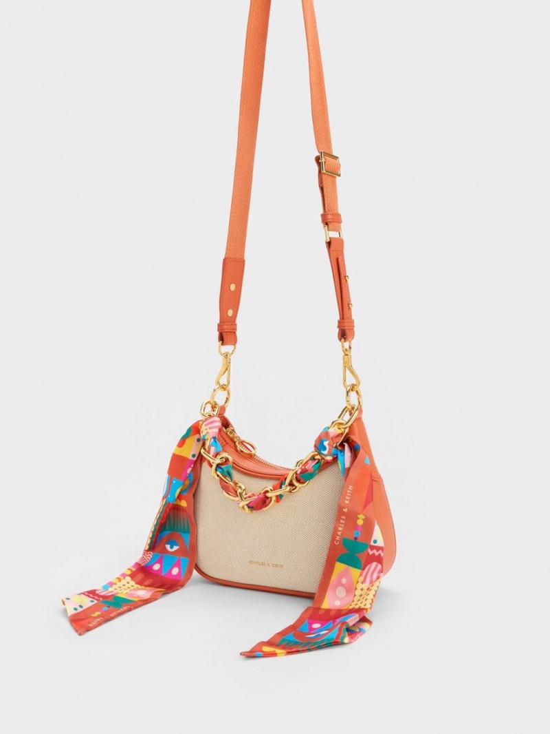 τσάντεσ ώμου Charles And Keith Mini Alcott Scarf Handle καμβα πορτοκαλι | 27904-JORU