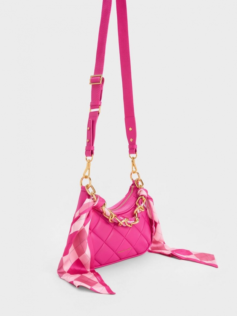 τσάντεσ ώμου Charles And Keith Mini Alcott Scarf Handle Καπιτονέ φουξια | 48290-HADL