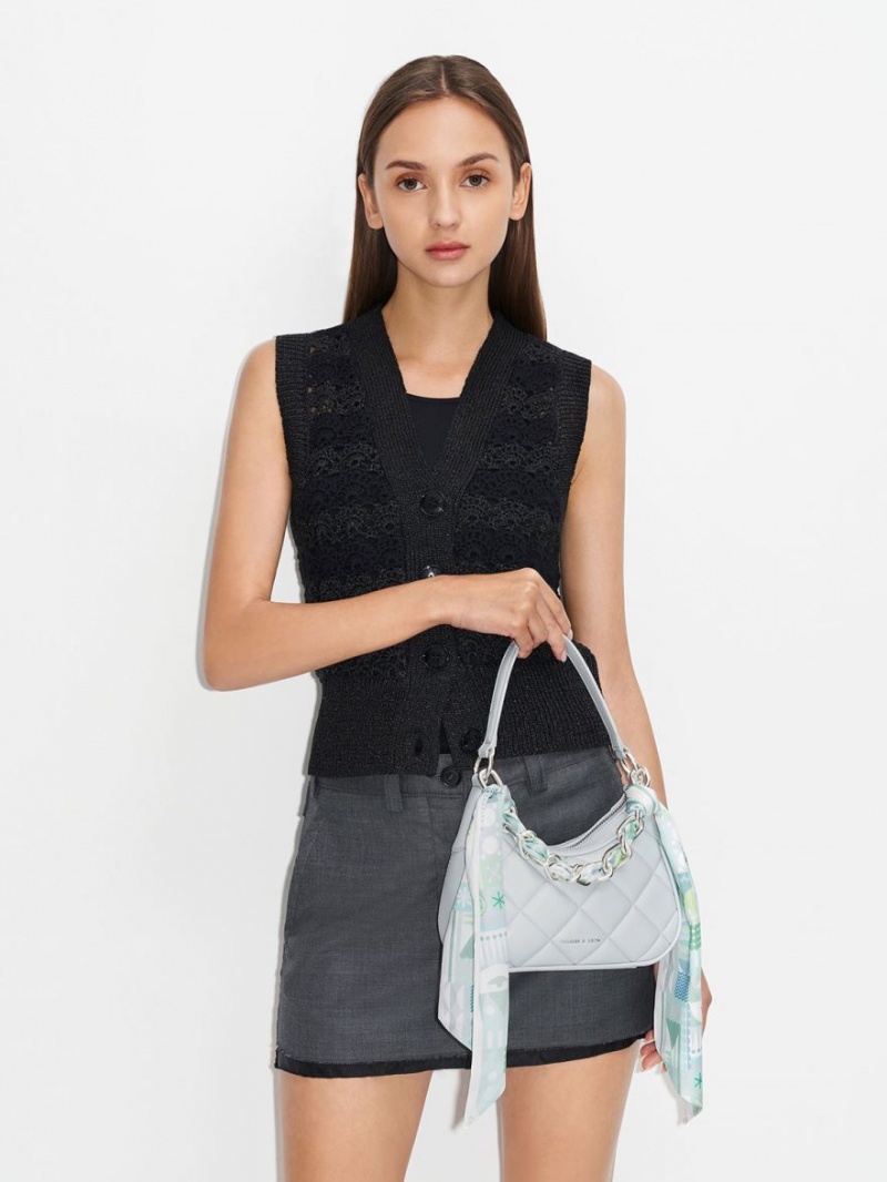 τσάντεσ ώμου Charles And Keith Mini Alcott Scarf Handle Καπιτονέ ανοιχτο γκρι | 91857-ZBJS