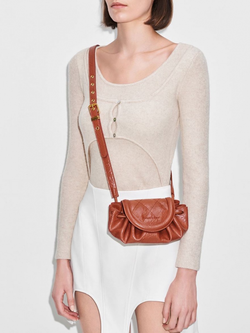 τσάντεσ χιαστί Charles And Keith Mini Blossom Curved Flap Καπιτονέ σκούρο κοκκινα | 09152-KAQW
