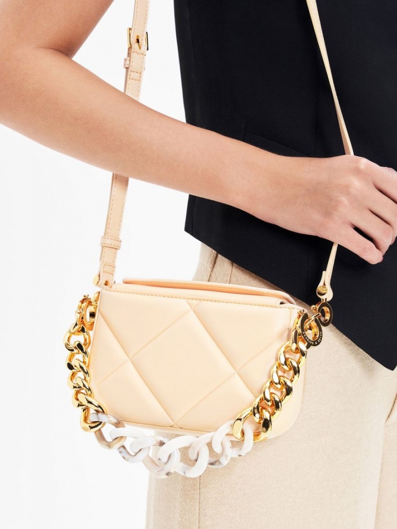 τσάντεσ ώμου Charles And Keith Mini Danika Χοντρός Chain Με Επένδυση Μπεζ | 78203-BMEV