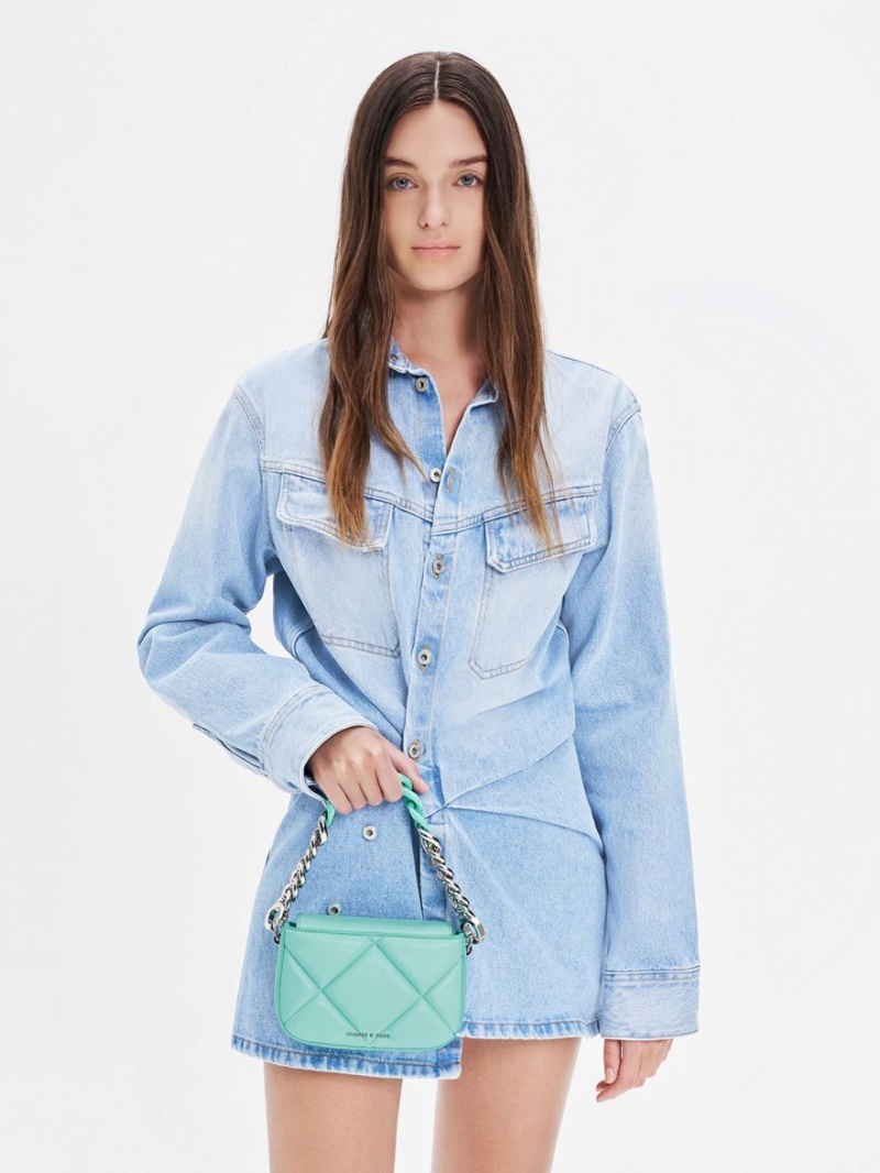τσάντεσ ώμου Charles And Keith Mini Danika Χοντρός Chain Με Επένδυση τυρκουάζ | 58790-MPNC