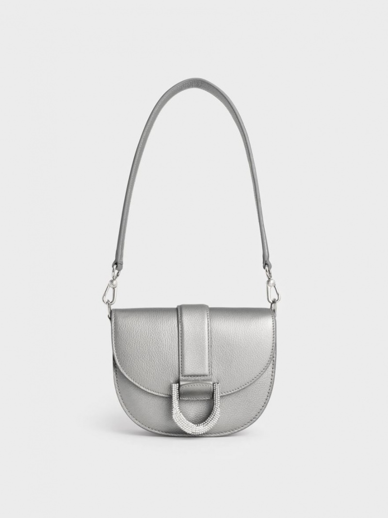 Τσάντες Σέλας Charles And Keith Mini Gabine δερματινα ασημι | 61802-OUNK