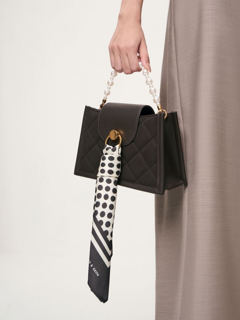 τσάντεσ χιαστί Charles And Keith Mini Roza Beaded Handle Scarf μαυρα | 52967-DKVJ