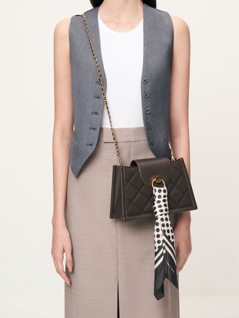 τσάντεσ χιαστί Charles And Keith Mini Roza Beaded Handle Scarf μαυρα | 52967-DKVJ