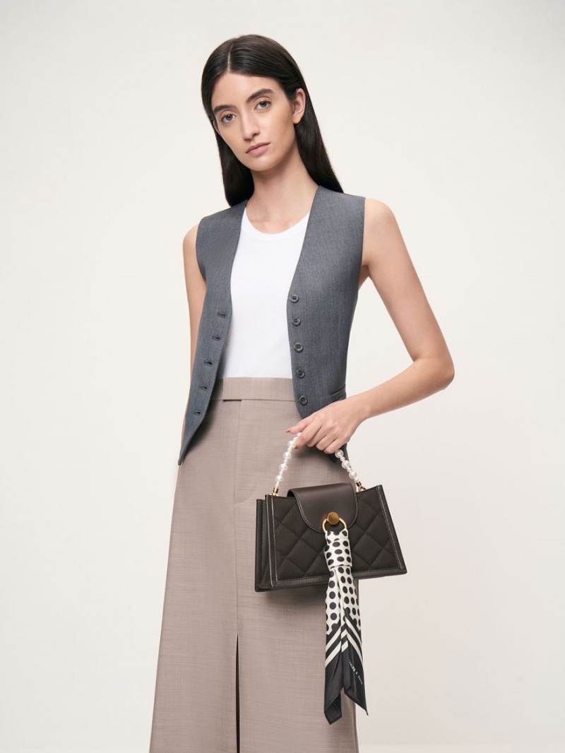τσάντεσ χιαστί Charles And Keith Mini Roza Beaded Handle Scarf μαυρα | 52967-DKVJ