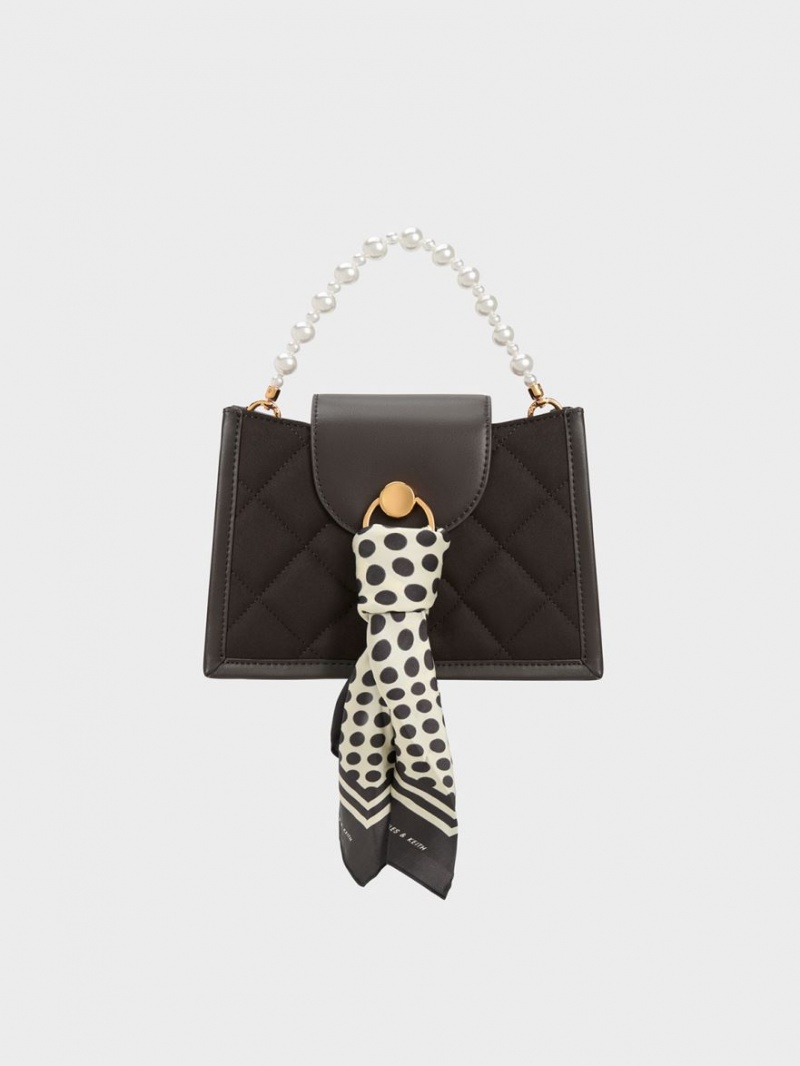 τσάντεσ χιαστί Charles And Keith Mini Roza Beaded Handle Scarf μαυρα | 52967-DKVJ