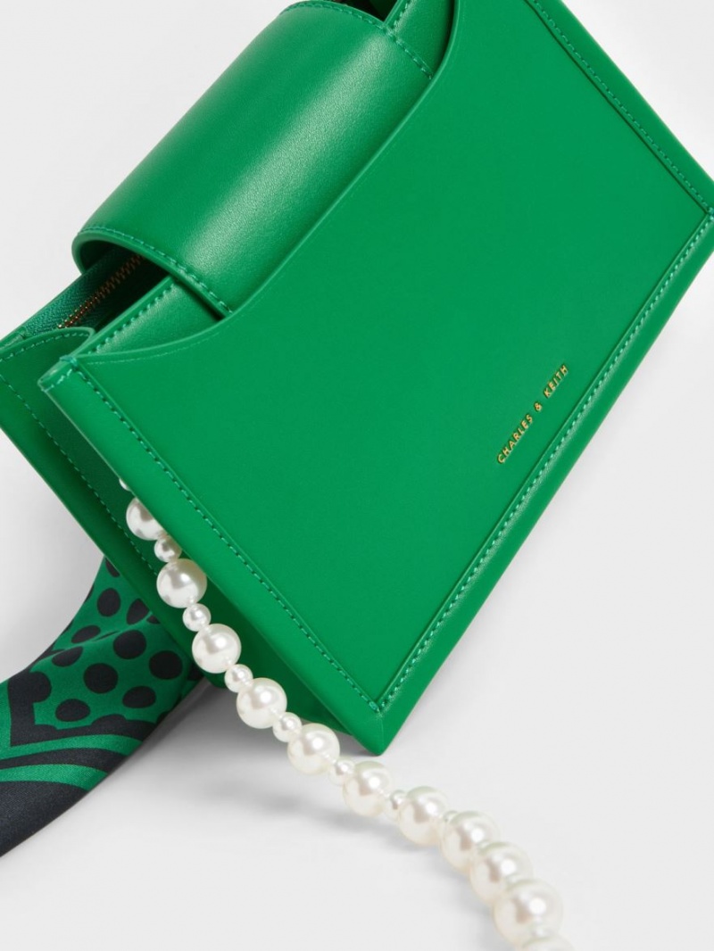 τσάντεσ χιαστί Charles And Keith Mini Roza Beaded Handle Scarf πρασινο | 13640-NJOS