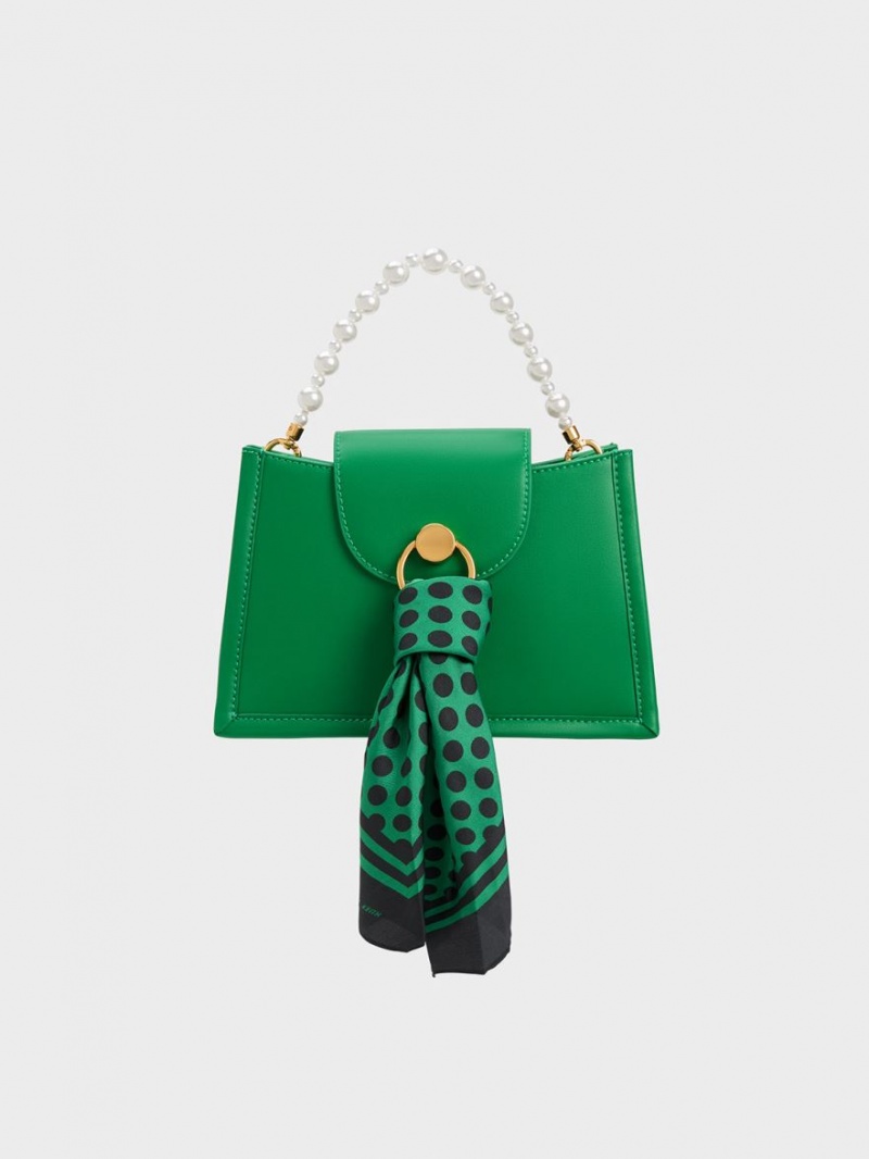 τσάντεσ χιαστί Charles And Keith Mini Roza Beaded Handle Scarf πρασινο | 13640-NJOS