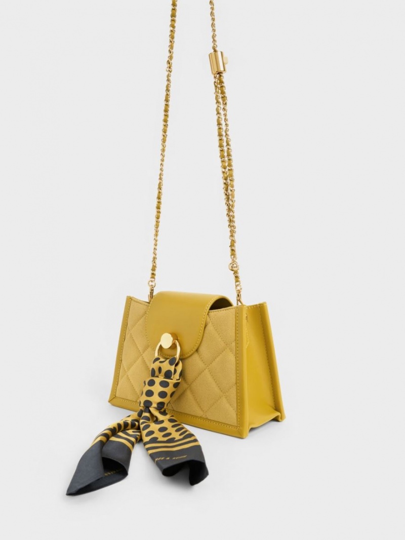 τσάντεσ χιαστί Charles And Keith Mini Roza Beaded Handle Scarf μουστάρδα | 35648-TCFQ