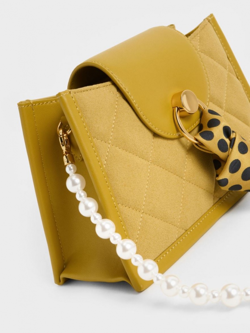 τσάντεσ χιαστί Charles And Keith Mini Roza Beaded Handle Scarf μουστάρδα | 35648-TCFQ