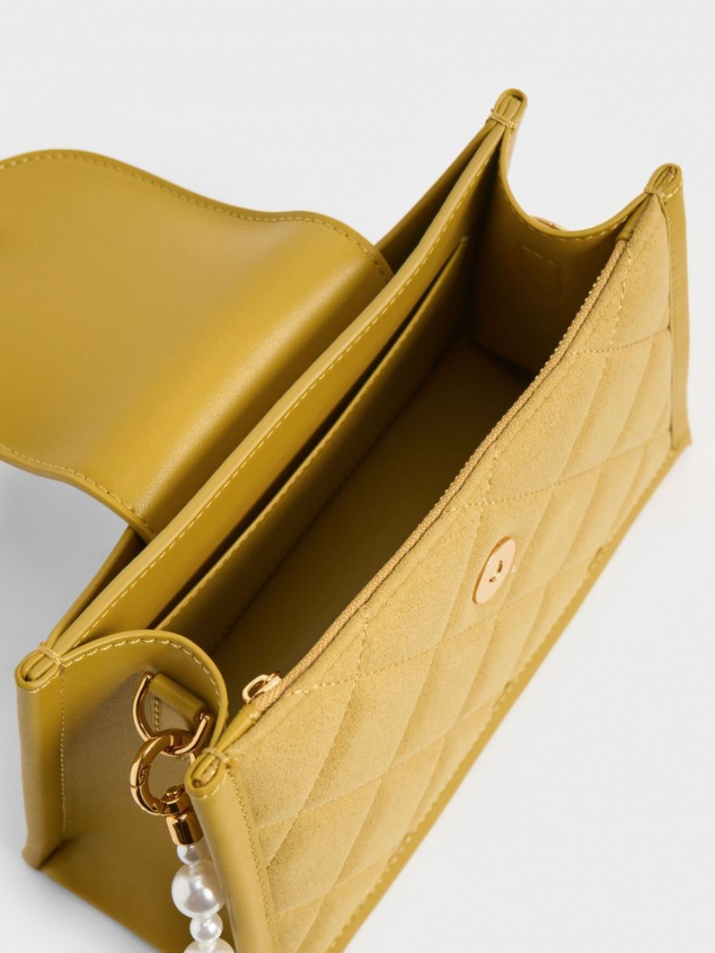 τσάντεσ χιαστί Charles And Keith Mini Roza Beaded Handle Scarf μουστάρδα | 35648-TCFQ