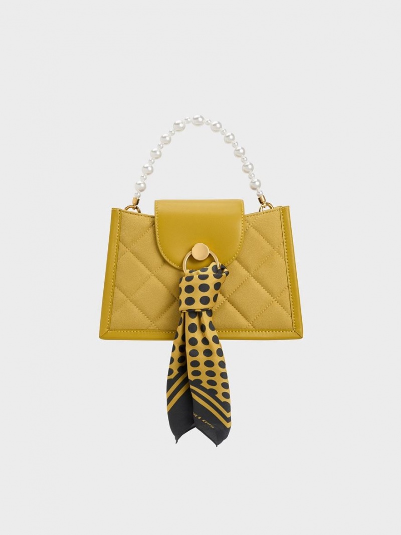 τσάντεσ χιαστί Charles And Keith Mini Roza Beaded Handle Scarf μουστάρδα | 35648-TCFQ