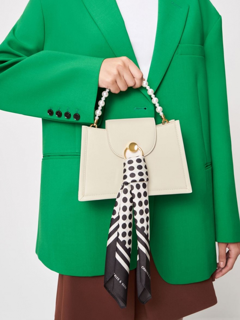 τσάντεσ χιαστί Charles And Keith Mini Roza Beaded Handle Scarf κρέμα | 79583-ULQX