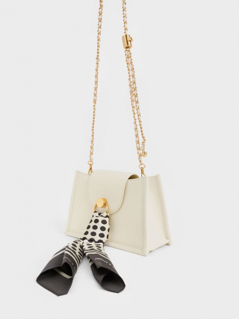 τσάντεσ χιαστί Charles And Keith Mini Roza Beaded Handle Scarf κρέμα | 79583-ULQX