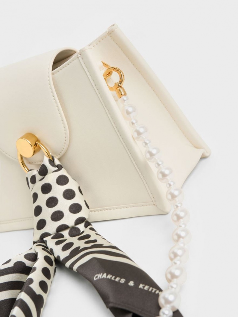 τσάντεσ χιαστί Charles And Keith Mini Roza Beaded Handle Scarf κρέμα | 79583-ULQX
