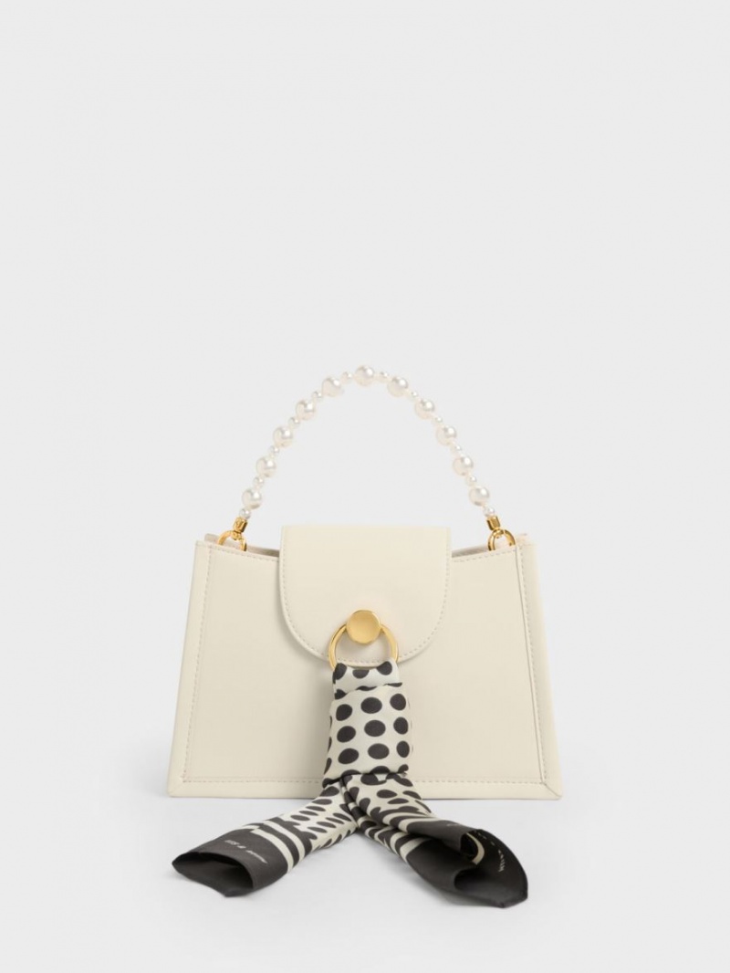 τσάντεσ χιαστί Charles And Keith Mini Roza Beaded Handle Scarf κρέμα | 79583-ULQX