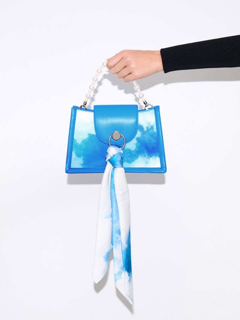 τσάντεσ χιαστί Charles And Keith Mini Roza Beaded Handle Scarf Cloud-Print μπλε | 46539-WZQK