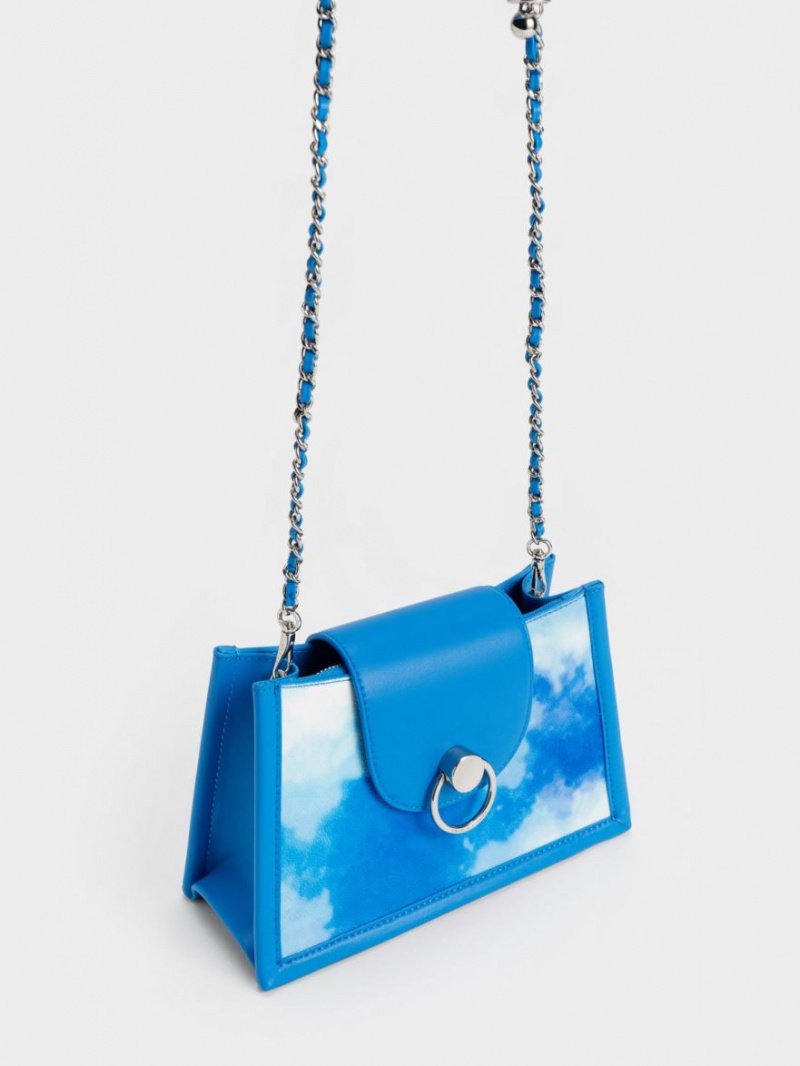 τσάντεσ χιαστί Charles And Keith Mini Roza Beaded Handle Scarf Cloud-Print μπλε | 46539-WZQK