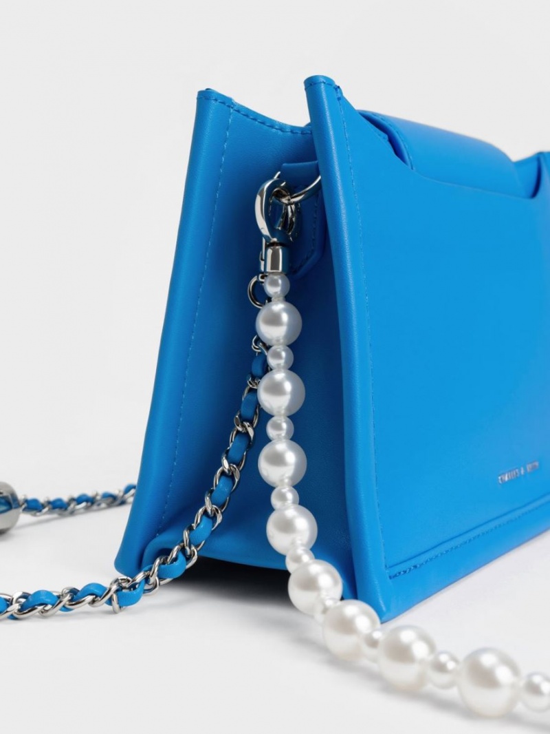 τσάντεσ χιαστί Charles And Keith Mini Roza Beaded Handle Scarf Cloud-Print μπλε | 46539-WZQK