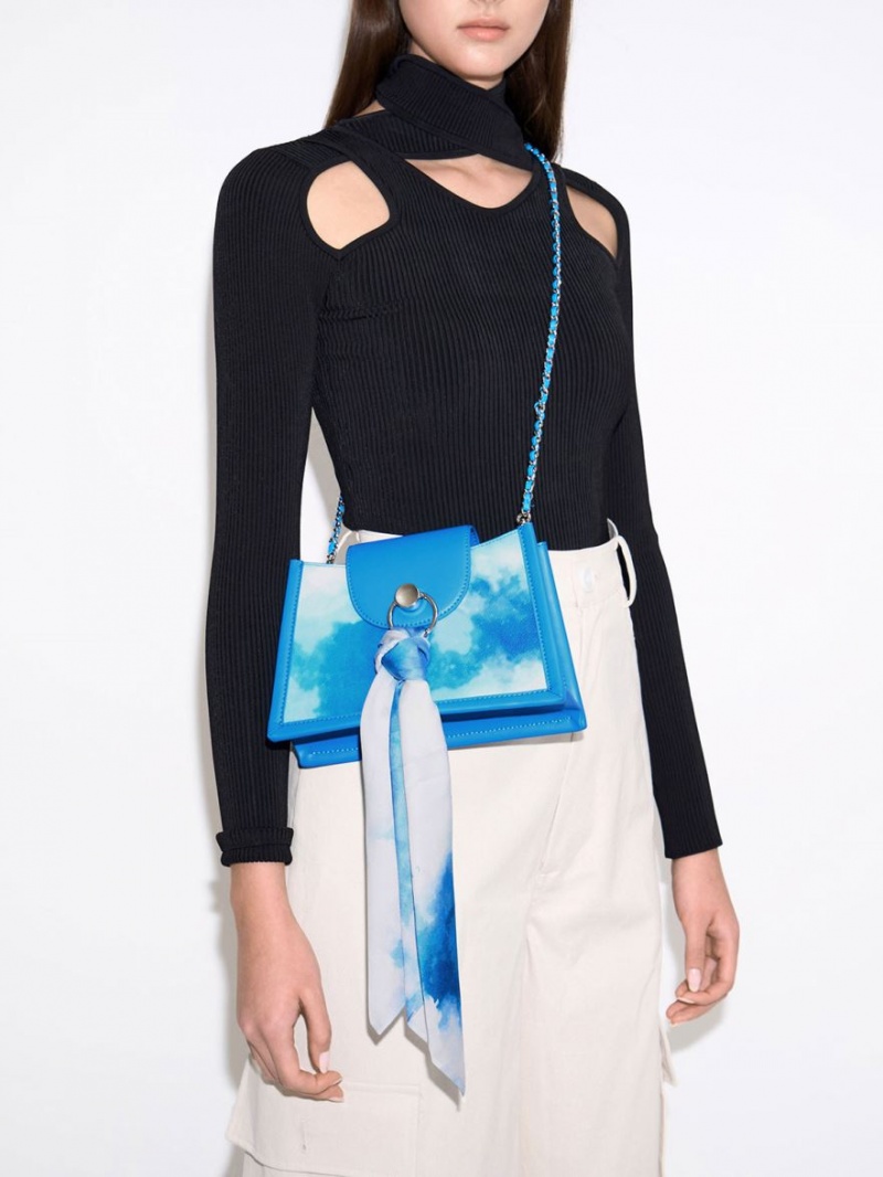τσάντεσ χιαστί Charles And Keith Mini Roza Beaded Handle Scarf Cloud-Print μπλε | 46539-WZQK