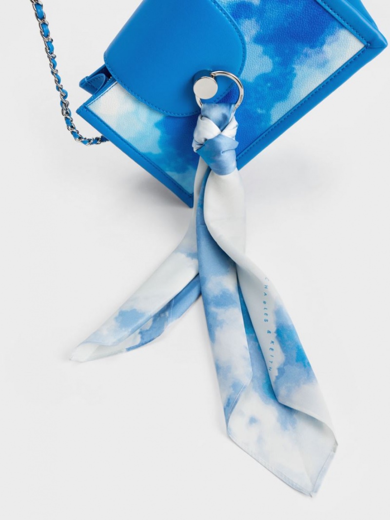 τσάντεσ χιαστί Charles And Keith Mini Roza Beaded Handle Scarf Cloud-Print μπλε | 46539-WZQK
