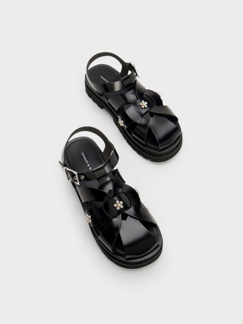 Πεδιλα Πλατφορμεσ Charles And Keith Nell Gladiator Floral-Embellished μαυρα | 51438-CQLJ