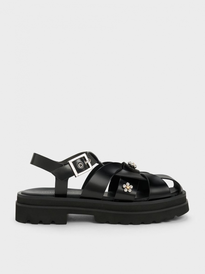 Πεδιλα Πλατφορμεσ Charles And Keith Nell Gladiator Floral-Embellished μαυρα | 51438-CQLJ