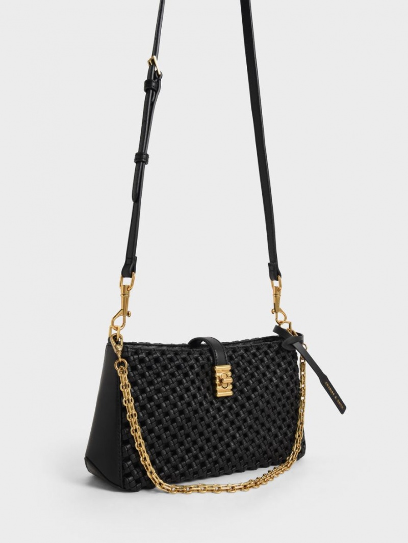 τσάντεσ ώμου Charles And Keith Nova Woven Chain-Handle μαυρα | 28965-NYGH