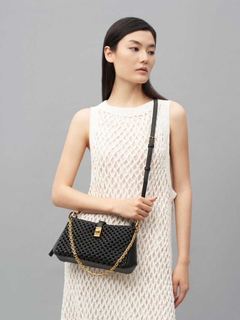 τσάντεσ ώμου Charles And Keith Nova Woven Chain-Handle μαυρα | 28965-NYGH