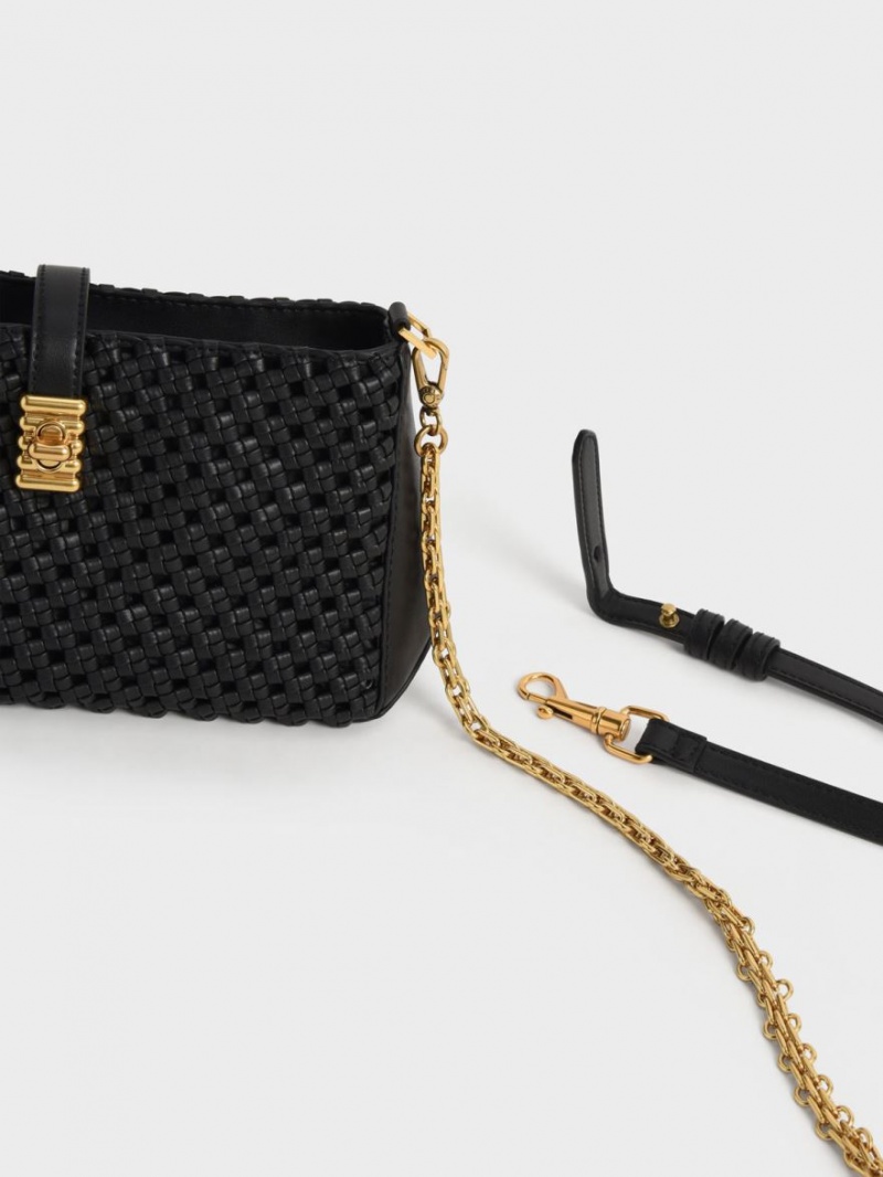 τσάντεσ ώμου Charles And Keith Nova Woven Chain-Handle μαυρα | 28965-NYGH
