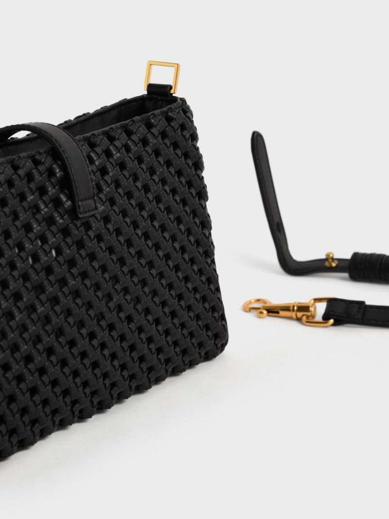 τσάντεσ ώμου Charles And Keith Nova Woven Chain-Handle μαυρα | 28965-NYGH