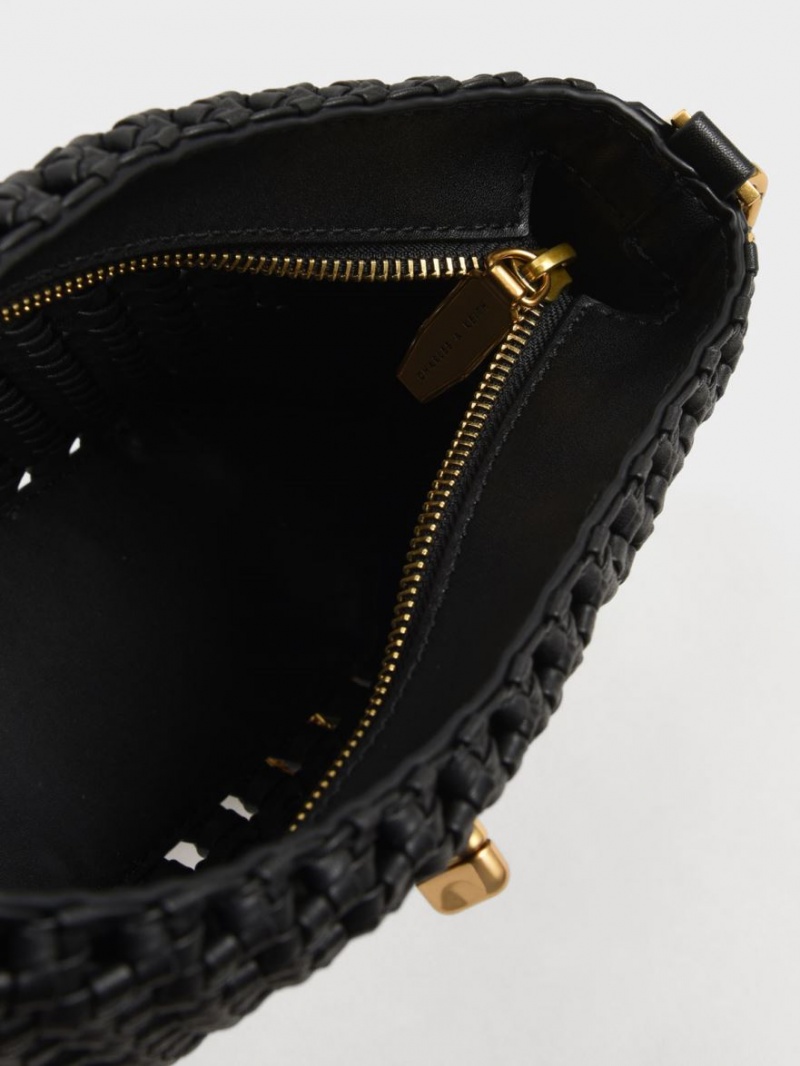τσάντεσ ώμου Charles And Keith Nova Woven Chain-Handle μαυρα | 28965-NYGH