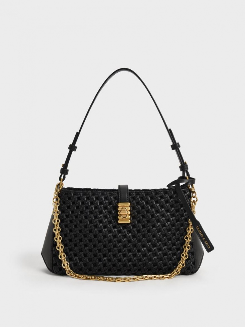 τσάντεσ ώμου Charles And Keith Nova Woven Chain-Handle μαυρα | 28965-NYGH