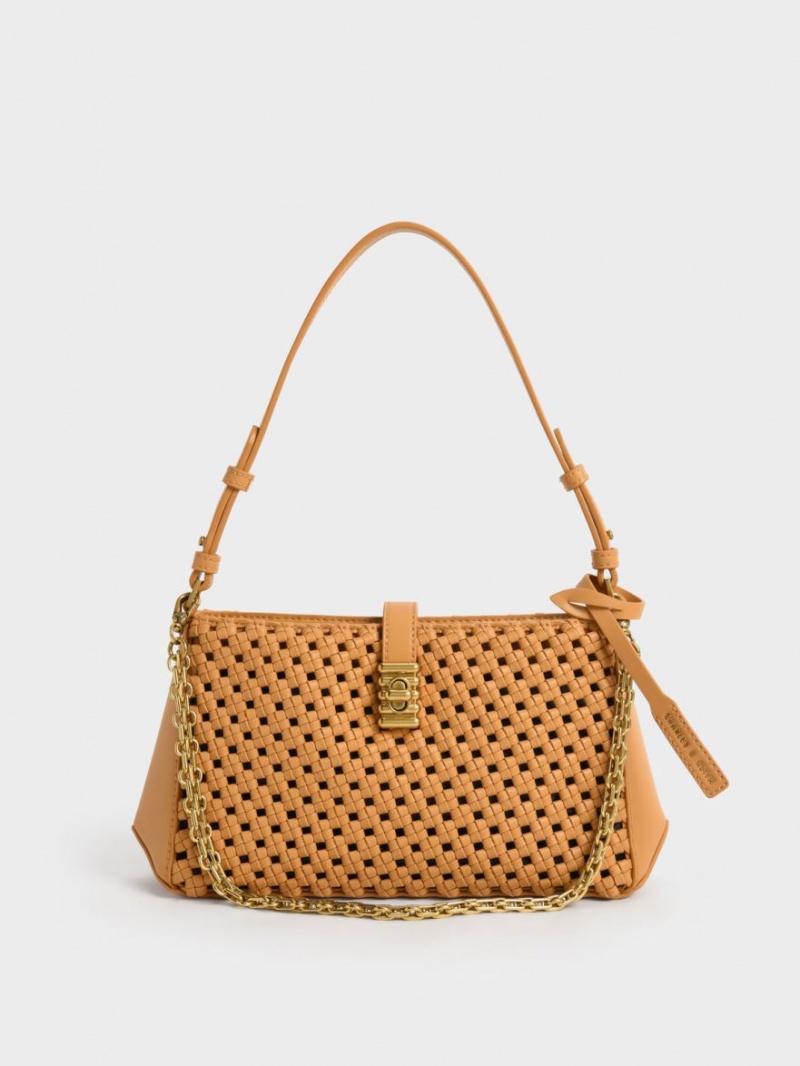 τσάντεσ ώμου Charles And Keith Nova Woven Chain-Handle πορτοκαλι | 25618-WIEB
