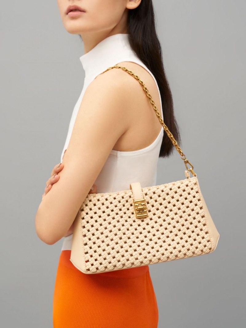 τσάντεσ ώμου Charles And Keith Nova Woven Chain-Handle Μπεζ | 52791-SGIY