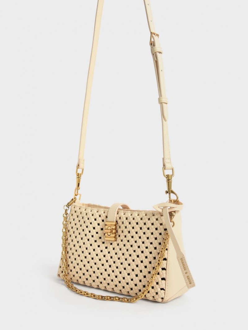 τσάντεσ ώμου Charles And Keith Nova Woven Chain-Handle Μπεζ | 52791-SGIY