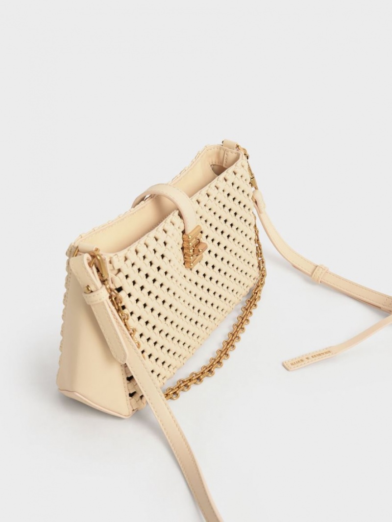 τσάντεσ ώμου Charles And Keith Nova Woven Chain-Handle Μπεζ | 52791-SGIY