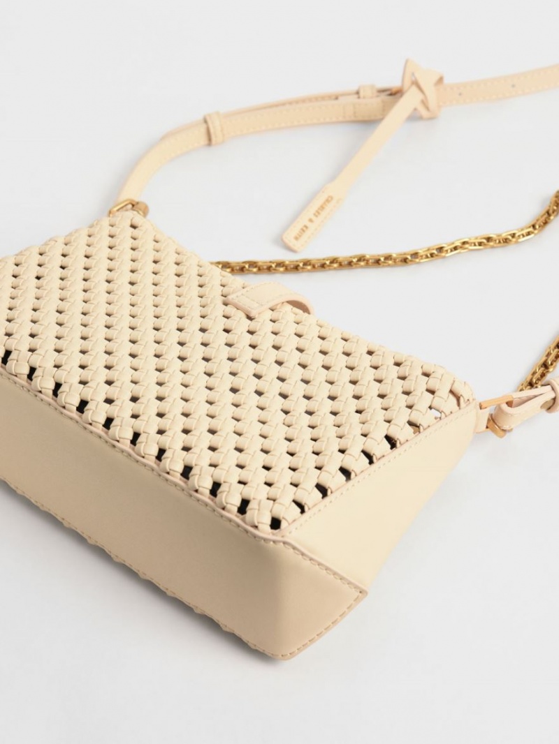τσάντεσ ώμου Charles And Keith Nova Woven Chain-Handle Μπεζ | 52791-SGIY