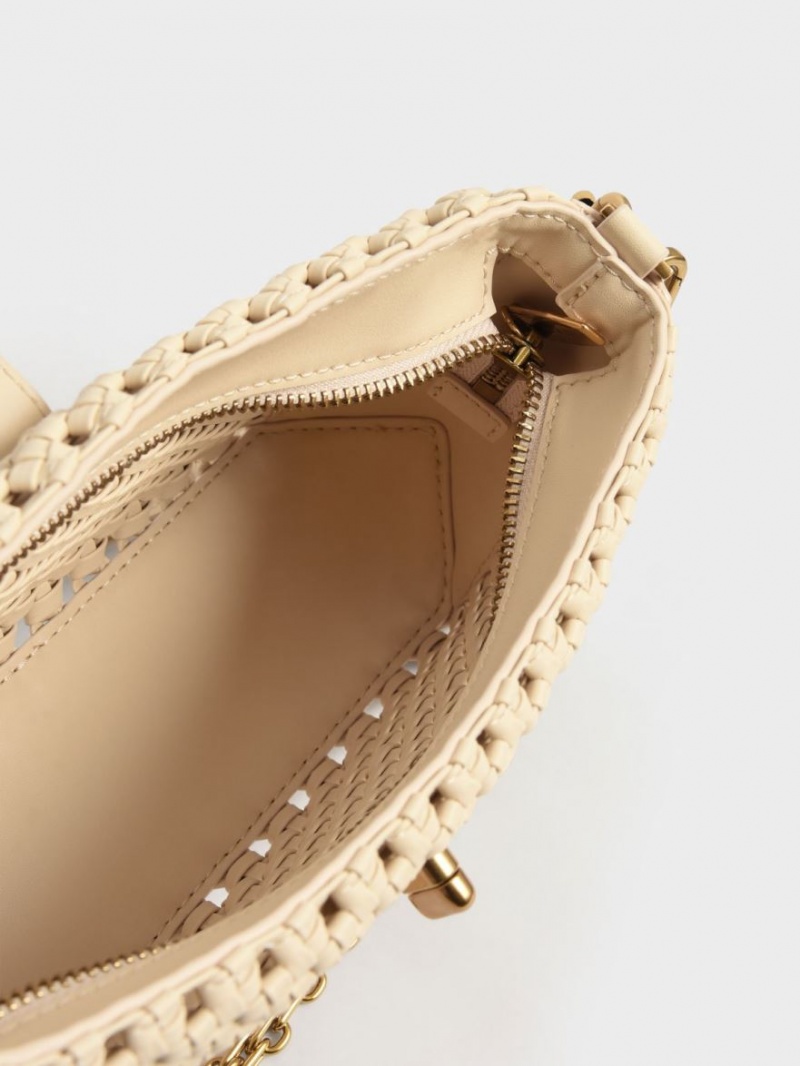τσάντεσ ώμου Charles And Keith Nova Woven Chain-Handle Μπεζ | 52791-SGIY