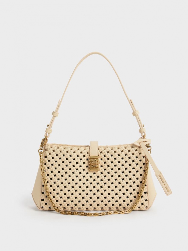 τσάντεσ ώμου Charles And Keith Nova Woven Chain-Handle Μπεζ | 52791-SGIY