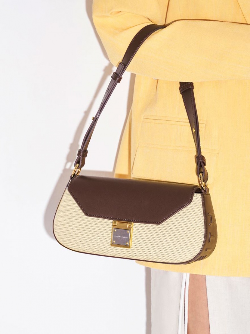 τσάντεσ ώμου Charles And Keith Oona καμβα Curved σκούρο καφε | 75082-FPBS