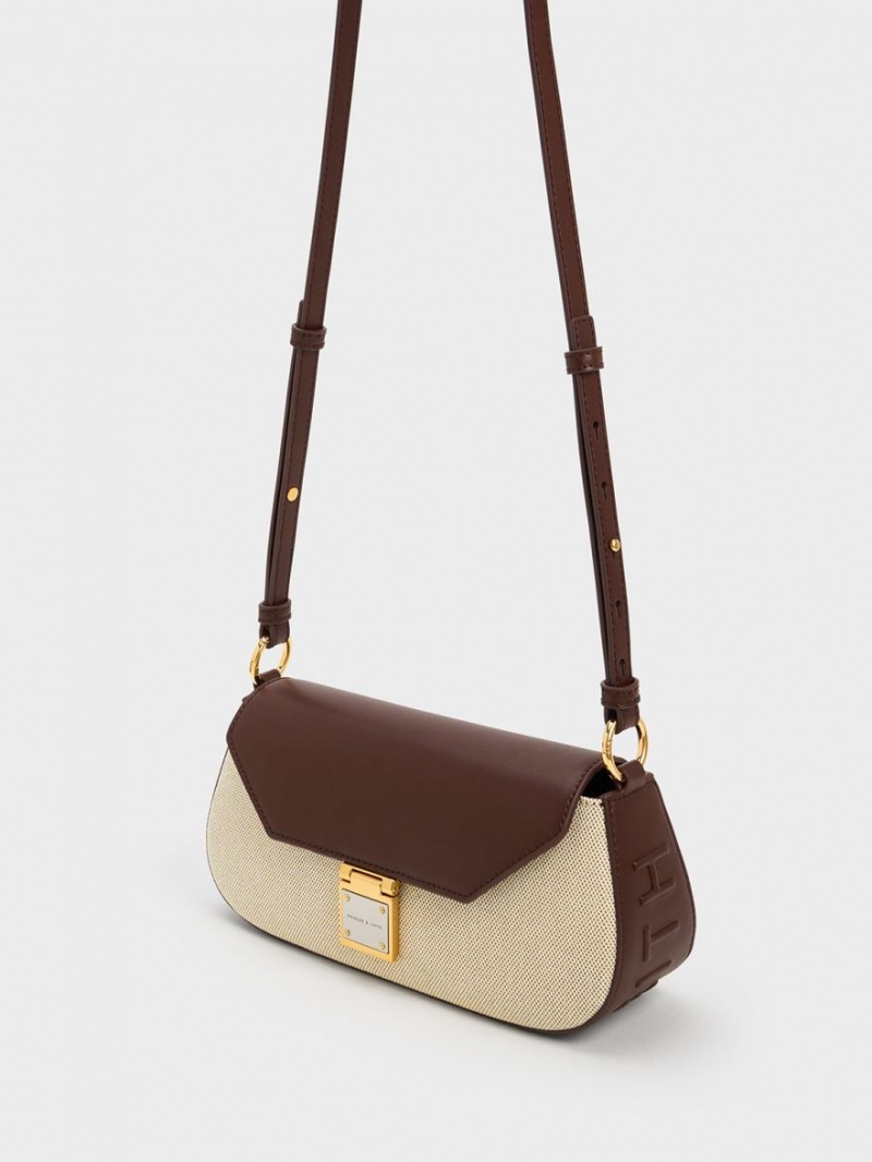 τσάντεσ ώμου Charles And Keith Oona καμβα Curved σκούρο καφε | 75082-FPBS