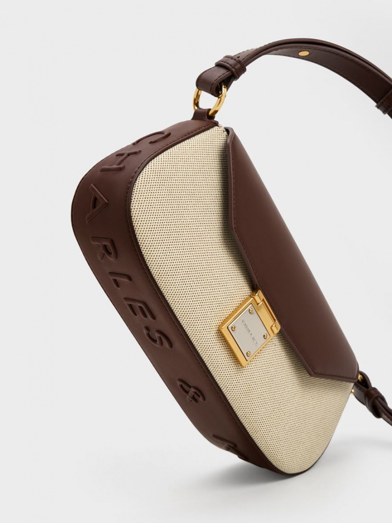 τσάντεσ ώμου Charles And Keith Oona καμβα Curved σκούρο καφε | 75082-FPBS