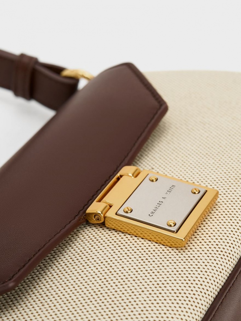 τσάντεσ ώμου Charles And Keith Oona καμβα Curved σκούρο καφε | 75082-FPBS