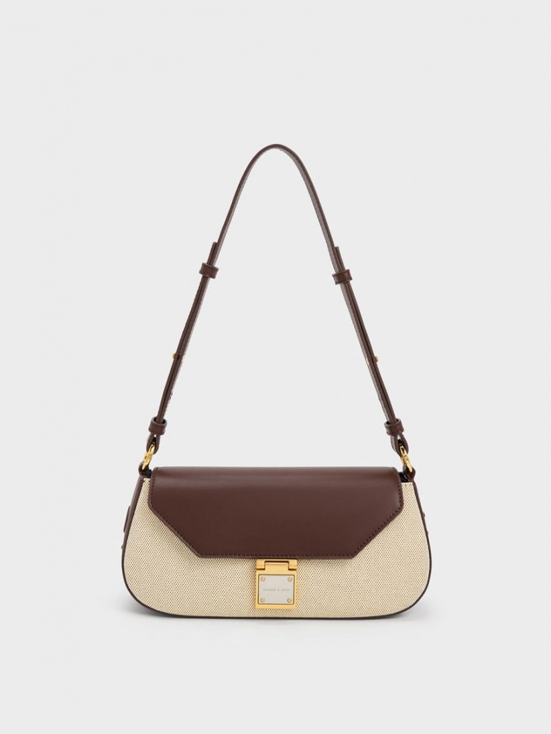 τσάντεσ ώμου Charles And Keith Oona καμβα Curved σκούρο καφε | 75082-FPBS